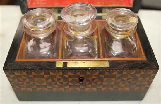 A Tunbridge ware coromandel half square mosaic banded triple scent bottle box, 5.25in.